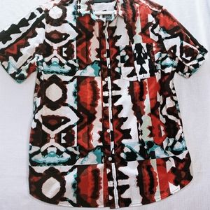 Zip code button down abstract art short sleeve 100% cotton shirt XL
